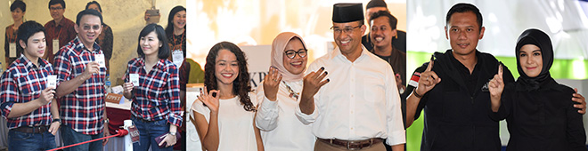  Kombinasi gambar di Jakarta semalam menunjukkan (dari kiri) Purnama bersama isterinya Veronica dan anak lelaki mereka Nicholas menunjukkan kertas undi sebelum membuang undi, manakala dalam gambar serahan Antara Foto (tengah) Baswedan diiringi isterinya Fery Farhati Ganis dan anak perempuan mereka Mutiara Annisa Baswedan menunjukkan jari yang sudah dicelup dakwat selesai mengundi, begitu juga Yudhoyono dan isterinya Annisa Pohan. — Gambar AFP/Reuters