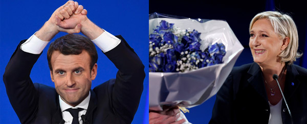  Kombinasi gambar menunjukkan Macron (kiri) di Parc des Expositions di Paris dan Le Pen di Henin-Beaumont, kelmarin. — Gambar AFP/Reuters