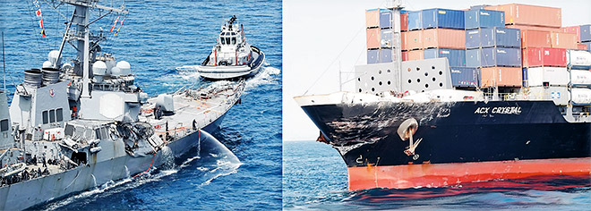  Kombinasi gambar serahan Pengawal Pantai Jepun semalam menunjukkan kerosakan pada kedua-dua kapal USS Fitzgerald (kiri) dan ACX Crystal di luar pantai Shimoda. — Gambar AFP