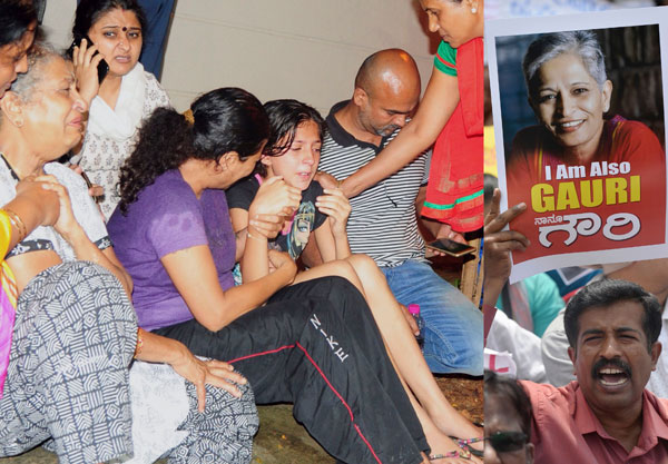  Kombinasi gambar menunjukkan ahli keluarga Lankesh meratapi kematiannya di rumahnya di Bangalore, kelmarin manakala penunjuk perasaan membawa sepanduk memaparkan gambar mangsa ketika memprotes di Bangalore, semalam. — Gambar AFP