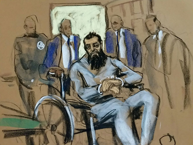  Lakaran kamar mahkamah menunjukkan Saipov yang bergerak menggunakan kerusi roda hadir di mahkamah persekutuan Manhattan di New York kelmarin. — Gambar Reuters