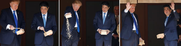  Kombinasi gambar menunjukkan gelagat Trump dan Abe ketika sesi memberi makan ikan kaloi sebelum makan tengah hari sambil bermesyuarat di Istana Akasaka di Tokyo, semalam. — Gambar Reuters