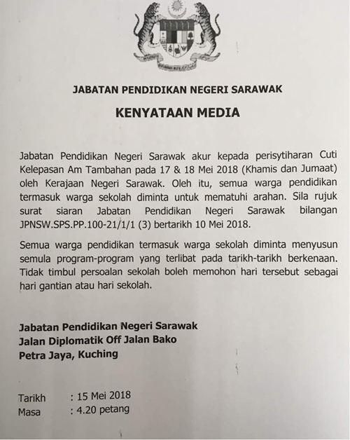 Surat Cuti Sekolah Negeri Sarawak 2018