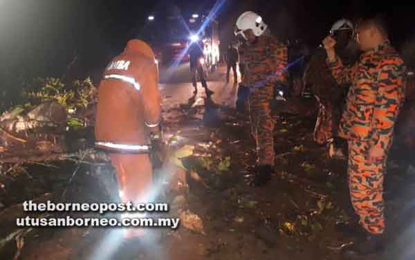 ANGGOTA Bomba Beluran bertungkus-lumus dalam operasi pokok tumbang yang menghalang jalan raya utama di Kilometer 68 Jalan Sandakan-Telupid.