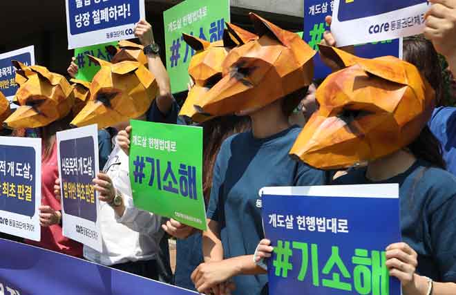  Aktivis hak haiwan memakai topeng berbentuk anjing berhimpun di luar mahkamah di Seoul, Korea Selatan kelmarin ketika menunggu keputusannya mengharamkan pembunuhan anjing bagi mendapatkan dagingnya. — Gambar Yonhap/AFP