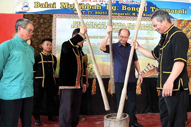  Wilfred Madius (dua kanan) menumbuk padi cara tradisional sebagai simbolik merasmikan Pesta Kaamatan di Kampung Bongol semalam. — Gambar Bernama