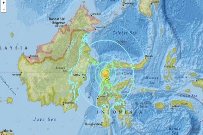 Peta menunjukkan kawasan kejadian gempa bumi di Sulawesi Tengah pada Jumaat.