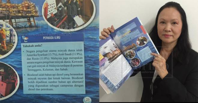 Lina menunjukkan halaman buku teks Bahasa Melayu Tingkatan 1 yang tidak menyatakan Sarawak sebagai negeri pengeluar minyak di Malaysia. Gambar sebelah kiri menunjukkan ruangan buku tersebut.