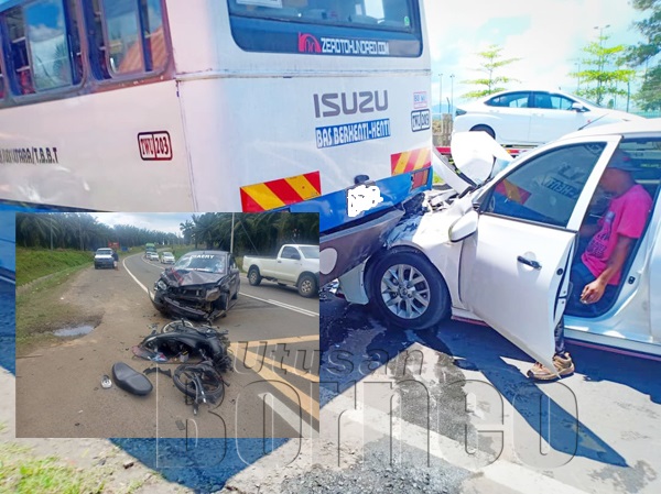 (Gambar besar) Perlanggaran melibatkan sebuah bas henti-henti dengan sebuah kereta, manakala (gambar kecil) kemalangan di hadapan simpang masuk ke SMK Abaka yang melibatkan seorang penunggang motosikal mengalami kecederaan parah.