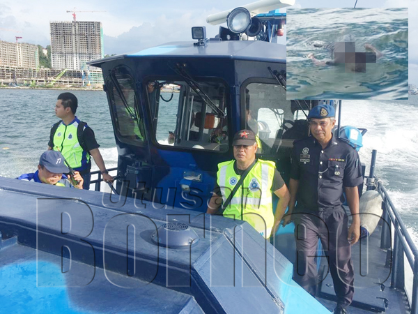 ANGGOTA PPM semasa bertindak ke lokasi penemuan mayat di kawasan laut pelabuhan. Gambar sisipan merupakan mayat  lelaki lengkap berpakaian ditemukan kira-kira jam 3 petang Selasa.