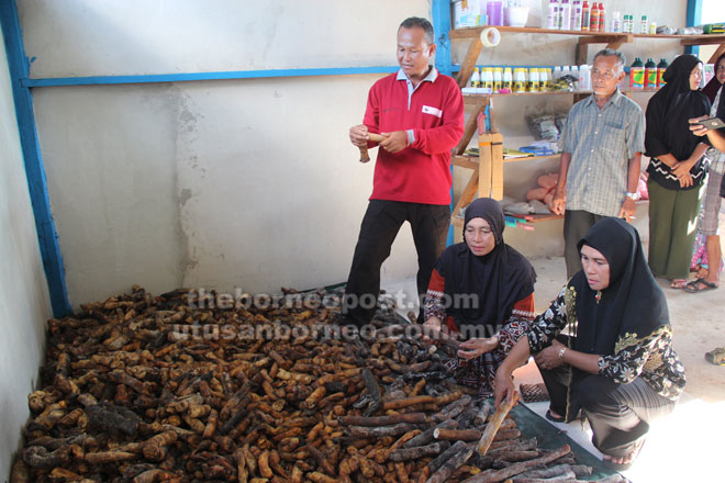  Sapardi (berdiri, kiri) dan peserta kelompok pekebun getah dari Desa Kelakar menyimpan susu getah kering berkualiti di stor penyimpanan di Desa Kelakar untuk dijual kepada syarikat pembeli. 