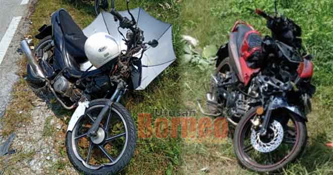  Kedua-dua motosikal mangsa yang remuk akibat pertembungan di Jalan Kampung Sangki-Tebelu, Sebuyau kelmarin.