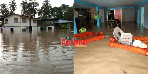 Rumah dinaiki air di Kampung Siang-Siang, Lawas. - Gambar ihsan JPBN Sarawak