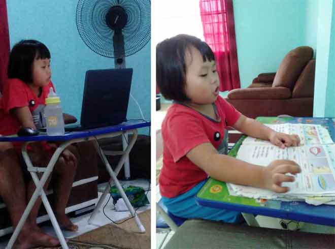  Jacqelin, kanak-kanak Tadika KEMAS Taman Rajang, Sarikei teruja membuat ulang kaji dan latihan melalui inisiatif atas talian.