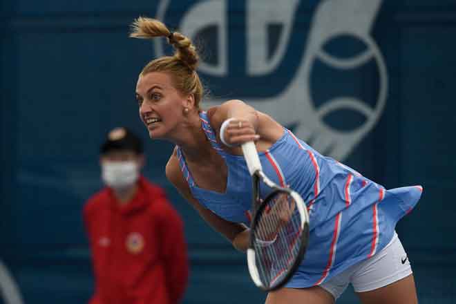  Kvitova semasa beraksi menentang Muchova pada final Kejohanan Czech di Prague. — Gambar AFP
