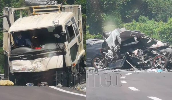  Keadaan kedua-dua kenderaan yang remuk selepas pertembungan di Jalan Papar Lama-Kota Kinabalu.