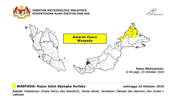  MetMalaysia mengeluub231020-vv-arkan amaran hujan lebat di beberapa kawasan di negeri ini.