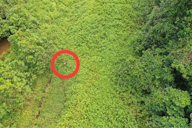  Imej menunjukkan kedudukan mangsa (dalam bulatan) yang dilaporkan hilang, berjaya dijumpai melalui pencarian udara menggunakan dron. 