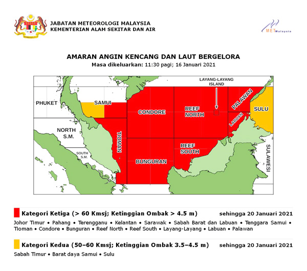  Jabatan Meteorologi Malaysia mengeluarkan amaran merah untuk kawasan perairan barat Sabah dan Labuan, serta jingga di perairan timur negeri ini.