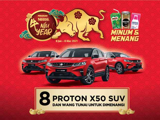  Jangan lepaskan peluang anda untuk menyertai Peraduan Nestlé Niu Year di mana rakyat Malaysia berpeluang memenangi hadiah-hadiah lumayan bernilai lebih RM900,000 atau Proton X50.