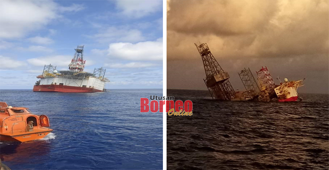 Keadaan rig pengerudi Naga 7 yang semakin tenggelam di perairan Bintulu-Miri.