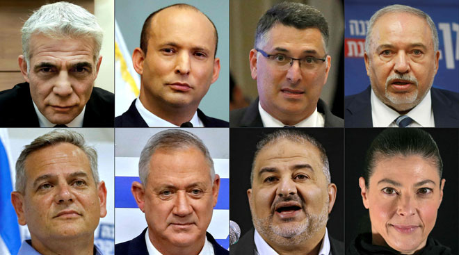  Gambar gabungan menunjukkan (atas, dari kiri ) pemimpin pembangkang Israel Yair Lapid, bekas menteri pertahanan Naftai Bennett, bekas menteri dalam negeri Gidon Saar, bekas menteri pertahanan Avigdor Lieberman, (bawah, dari kiri) ahli politik Nitzan Horowitz, pemangku perdana menteri Benny Gantz, ketua parti Islam Ra’am Mansour Abbas dan ketua Parti Buruh (HaAvoda) Merav Michaeli. Lapid dan sekutunya kelmarin mengumumkan mencapai kesepakatan untuk membentuk kerajaan gabungan yang akan mengakhiri pe