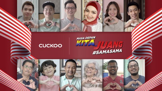 Bersempena dengan sambutan Hari Kebangsaan baru-baru ini dan Hari Malaysia yang yang disambut kelak, CUCKOO International (MAL) Sdn Bhd telah melancarkan sebuah video perayaan berjudul “Masa Depan Kita, Juang #SAMASAMA”. Video ini menampilkan 12 individu daripada pelbagai lapisan masyarakat, termasuk Pengasas dan Ketua Pegawai Eksekutif CUCKOO International (MAL) Sdn Bhd, Encik Hoe Kian Choon (KC Hoe) [barisan atas, ketiga dari kiri] dan Duta CUCKOO, Dato’ Sri Siti Nurhaliza (barisan atas, keempat dari kiri