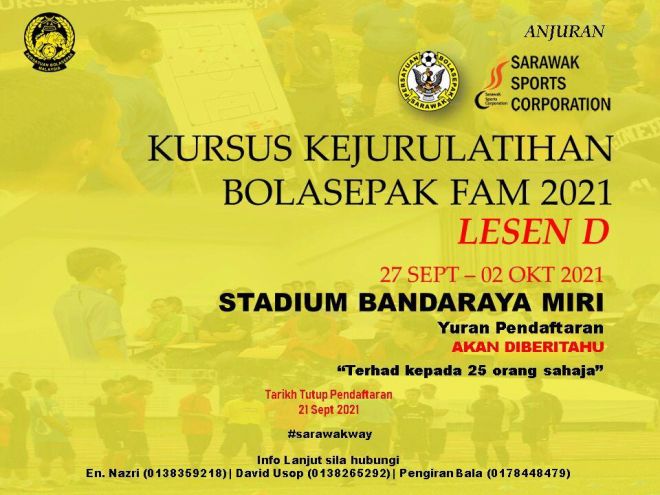 FAS dan SSC menganjurkan Kursus Kejurulatihan Bolasepak FAM Lesen D 2021 dari 27 September hingga 2 Oktober 2021