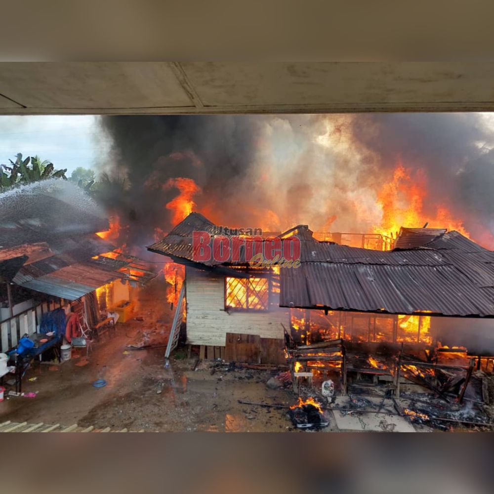  Api marak memusnahkan enam rumah penduduk di Jalan Mogonibung Kampung Koidupan.