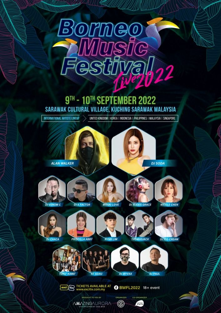 Artis jemputan yang bakal memeriahkan Borneo Music Festival Live 2022 Kampung Budaya Sarawak pada 9 dan 10 September nanti.