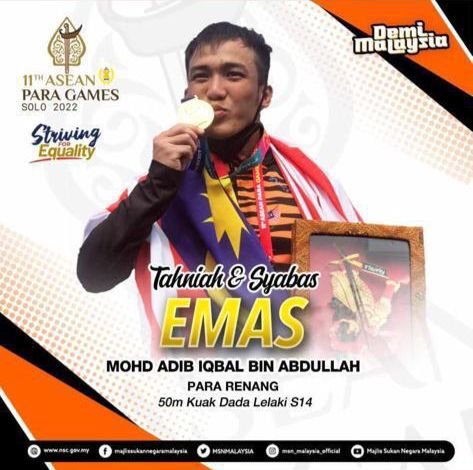 Mohd Adib memenangi pingat emas pada Sukan Para Asean 2022. 