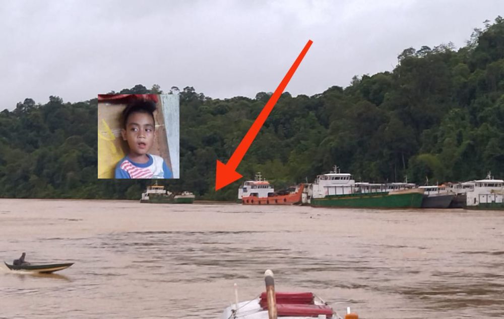 Anak panah menunjukkan lokasi kejadian. Gambar kecil menunjukkan Jenggut yang dikhuatiri lemas selepas tragedi perahu karam berhampiran Waf Batu Kapit pada Jumaat.