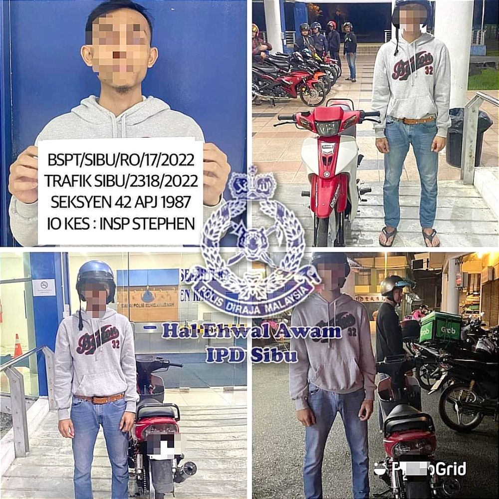 Suspek ditahan kerana melakukan aksi berbahaya di sebatang jalan utama di Sibu semalam. - Foto IPD Sibu