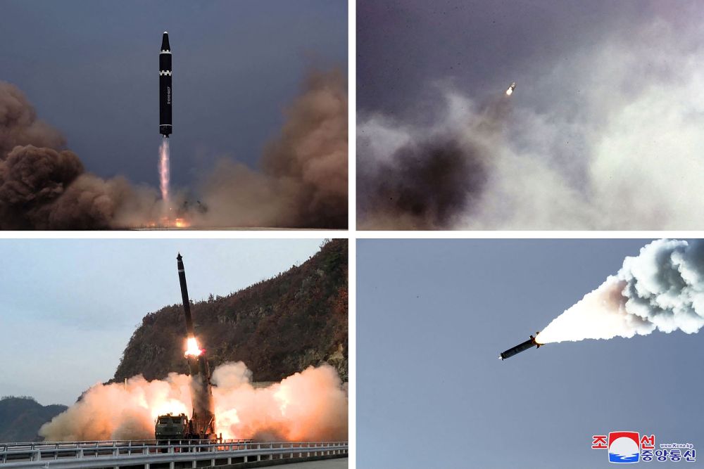 Gambar gabungan diambil antara 2 November dan 5 November lepas yang disiarkan pada 7 November oleh agensi berita rasmi Korea Utara (KCNA) menunjukkan beberapa ujian peluru berpandu yang dilakukan tentera Korea Utara di lokasi yang tidak diketahui. — Gambar AFP