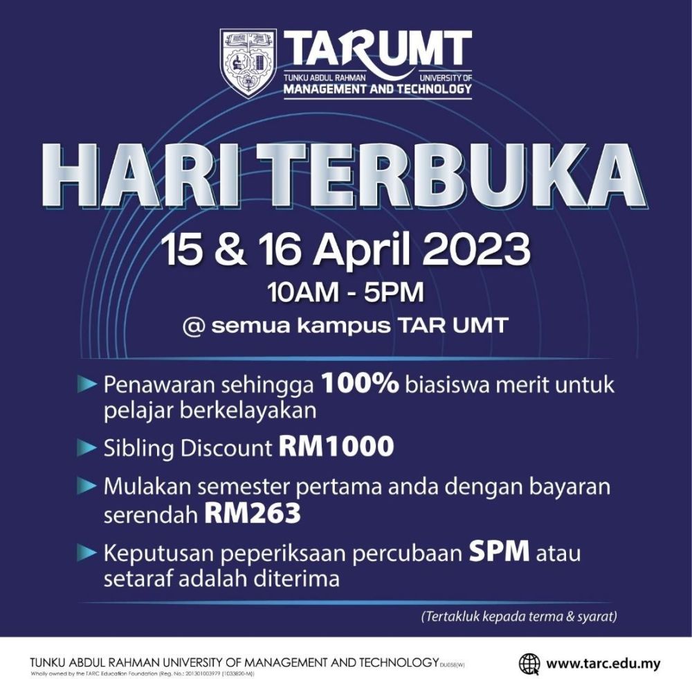 Hari Terbuka TAR UMT yang akan diadakan pada 15 dan 16 April ini di semua kampusnya di seluruh negara.