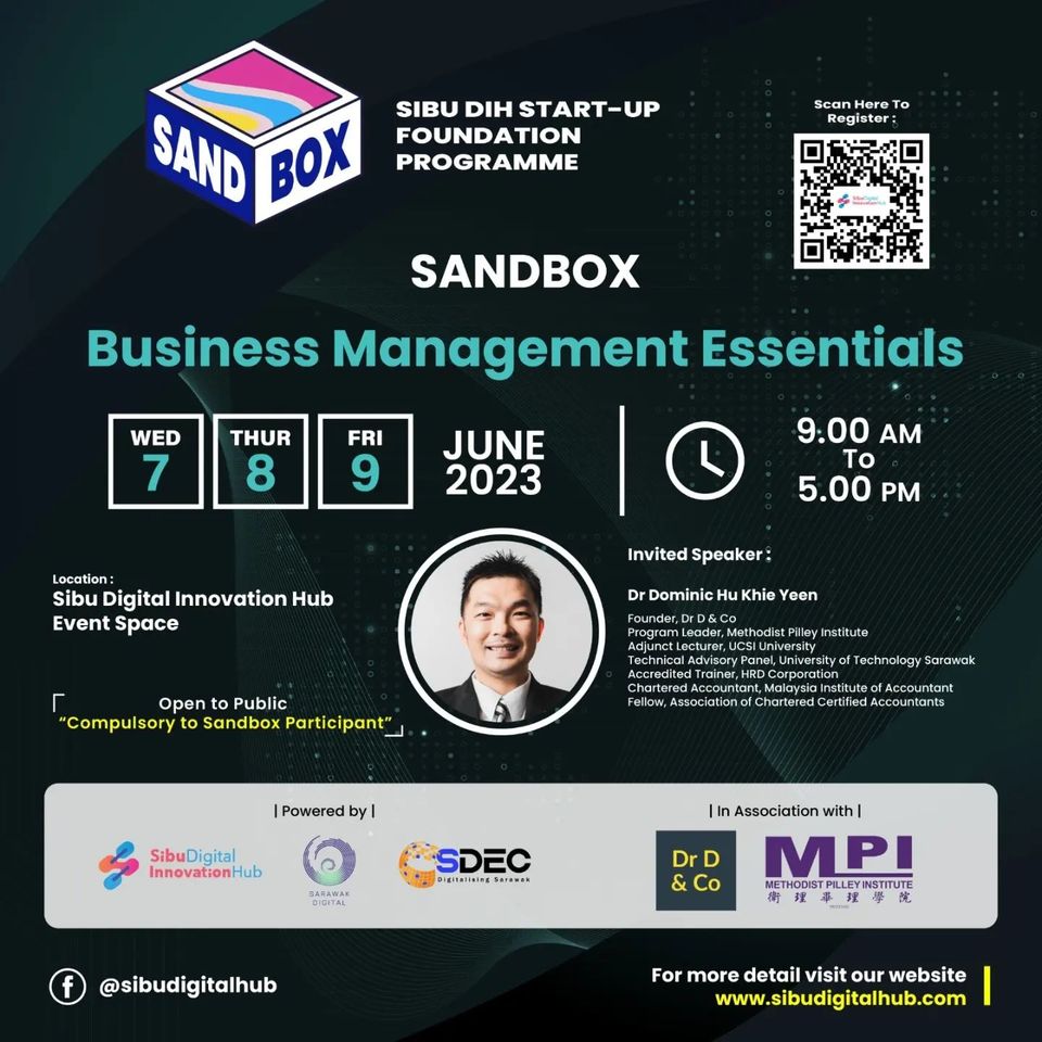 Poster bengkel di bawah 'Sandbox Programme' SDIH direka untuk melengkapkan peserta dengan kemahiran penting dalam pengurusan perniagaan berjaya.