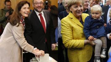 DIJANGKA MENANG: Kombinasi gambar menunjukkan Merkel mengendong seorang budak lelaki semasa melawat festival menuai di Lauterbach, kelmarin manakala Schulz dan isterinya membuang undi dalam Bundestagswahl di Wuerselen, semalam. — Gambar Reuters