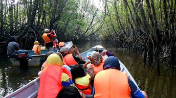 AMBIL KESEMPATAN: Peserta yang juga pelancong dari dalam dan luar negara  yang menyertai kembara menyusuri Sungai Cherating, di Cherating yang terletak kira-kira 45 kilometer dari Kuantan untuk melihat keindahan kerlipan kelip-kelip di Cherating. — Gambar Bernama