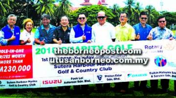 PRESIDEN Persatuan Golf Sabah (SGA) Datuk George Bandusena (empat dari kiri) bersama presiden RCLB Vincent Chua, naib presiden RCLB merangkap pengerusi penganjur Leslie Yew dan Gabenor Wilayah Datuk Lee Chuen Wan bersama ahli jawatankuasa penganjur semasa pelancaran Kejohanan Golf Amal RCLB 2018 di rumah kelab SHGCC pada Rabu.