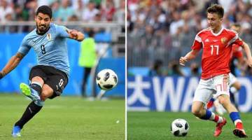 PASTI RANCAK: Gambar kombinasi ini menunjukkan Suarez (kiri) dan Golovin akan bertembung pada aksi Kumpulan A. — Gambar AFP