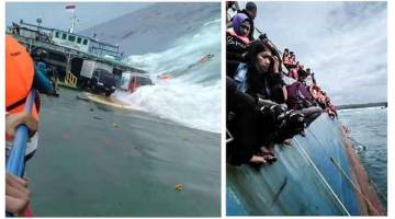 SAAT CEMAS: Gambar gabungan serahan Antara Foto/RelawanBNPB menunjukkan saat-saat ketika KM Lestari Maju mulai karam  di perairan Pulau Selayar, berhampiran wilayah Sulawesi Selatan, Indonesia kelmarin. — Gambar Reuters