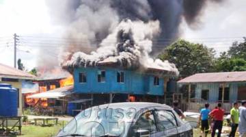 KEBAKARAN di Kampung Sungai-sungai Sugut Paitan memusnahkan lapan struktur bangunan dan tiga kenderaan turut rosak dalam tragedi itu.