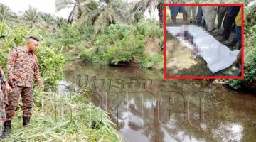 ANGGOTA bomba meninjau keadaan sungai di lokasi kejadian, kelihatan gambar kecil keadaan mangsa ditemukan di tepi sungai berhampiran kilang sawit di Sg Pang Burong.