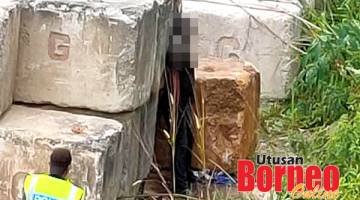 JUMPA: Mayat mangsa ditemukan dalam keadaan tergantung di blok konkrit di kawasan terbuka di Suria Inanam.