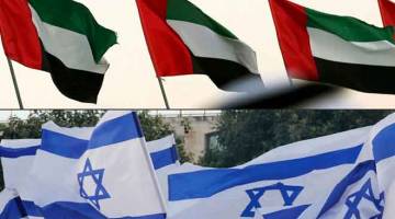 PULIH HUBUNGAN: Gambar fail menunjukkan bendera UAE (atas) dirakam di Abu Dhabi pada 23 Disember, 2017 dan bendera Israel di Baitulmuqaddis pada 21 Mei, 2020. Israel dan UAE kelmarin bersetuju untuk memulihkan hubungan diplomatik. — Gambar AFP