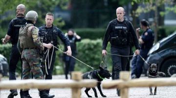 BURU: Anggota polis membawa anjing pengesan ketika meronda di pintu masuk ke Taman Negara Hoge Kempen di Maasmechelen, utara Belgium kelmarin. — Gambar AFP