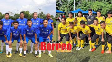 ALBUM: Barisan pemain pasukan Tuaran (jersi biru, gambar kiri) manakala, pemain-pemain pasukan Tawau (jersi kuning, gambar kanan).