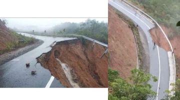 RUNTUH: Keadaan laluan Jalan Ranau - Kiulu di Kilometer 19.2, Jalan Pukak Pahu Nulu yang runtuh akibat hujan berterusan.