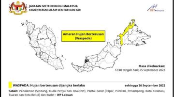 AMARAN: MET Malaysia keluarkan amaran hujan berterusan di Sabah dan Labuan.