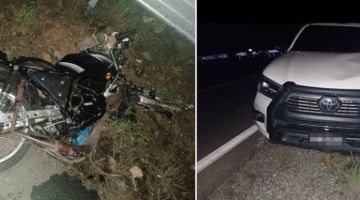 Keadaan motosikal ditunggang mangsa serta kenderaan 4WD yang terlibat dalam kemalangan di Kilometer 128 Jalan Sibu-Bintulu, pada Ahad.